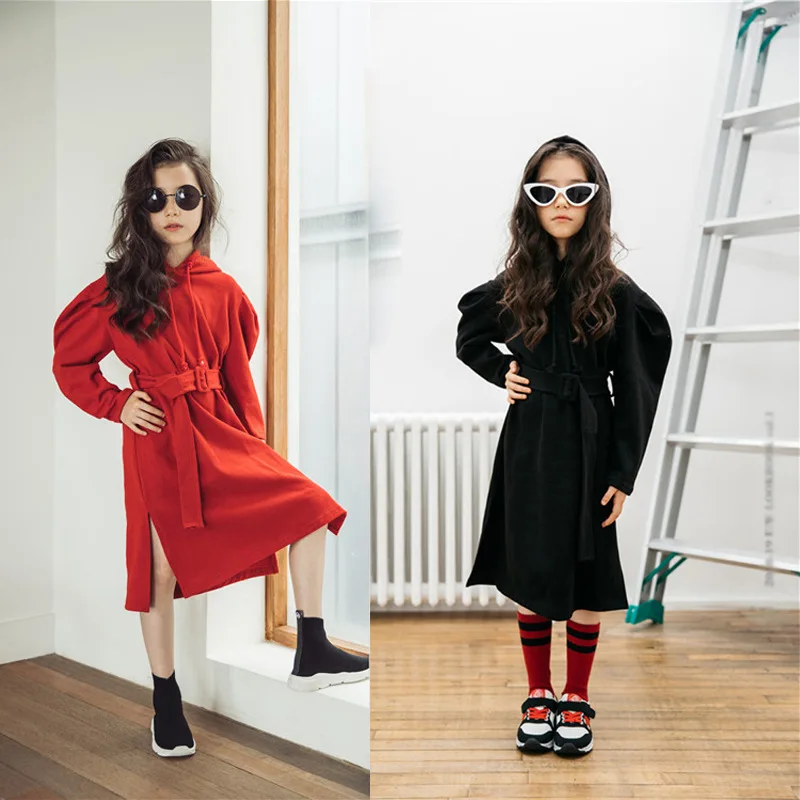 

New 2019 Girls Autumn Dresses with Sashes Puff Long-sleeved Baby Dresses Children Casual Dresses Kids Leisure Dress Hooded,#3274