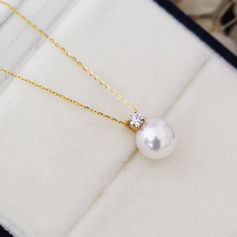 Real diamond princess pendant 8.5-10.5mm Natrual round pearl charm necklace in 18k Au750 gold with 45cm chains for women ladies (1)