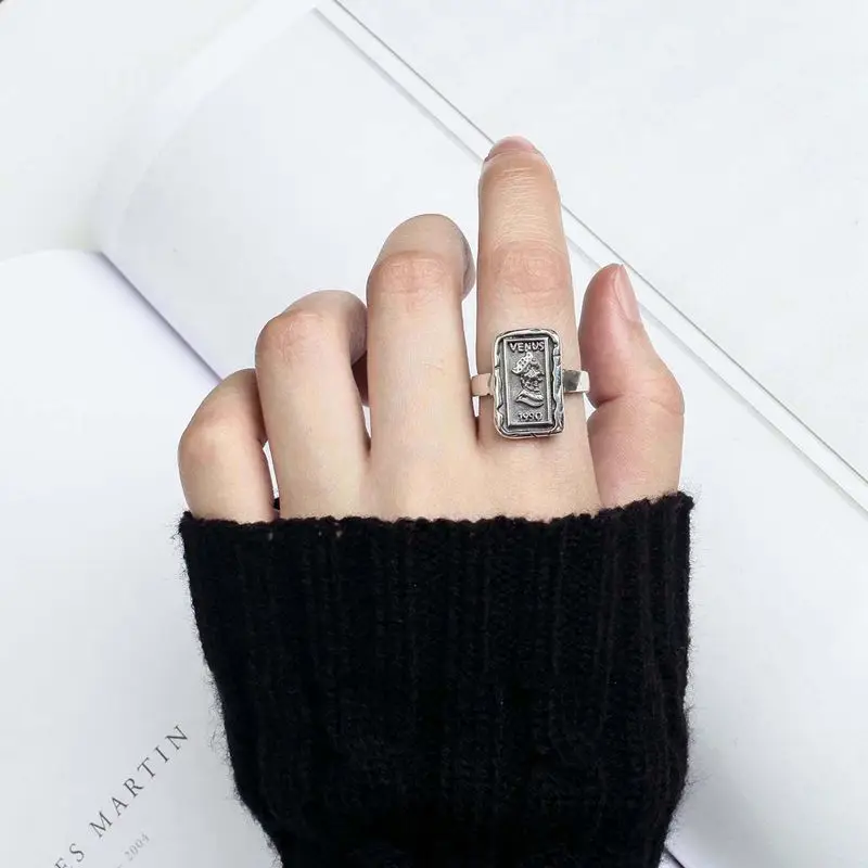 Silvology 925 Sterling Silver Square Figure Rings Vintage Do Old Coin Creative Venus Rings For Women Elegant Korea Jewelry