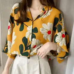 2018 Осенняя мода шифон v-образным вырезом Для женщин блузка рубашка с длинными рукавами цветочные Плюс Размеры Топ Повседневное пикантные