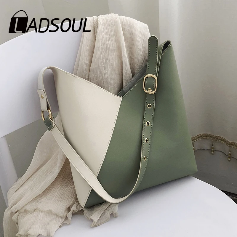 

Splicing Contrast PU Leather Bucket Bags For Women 2019 Summer Crossbody Bags Lady Shoulder Messenger Bag Female Travel Handbags