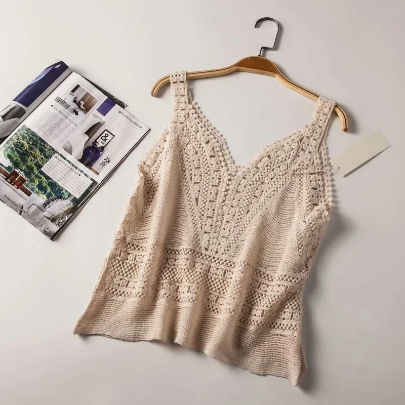 

LT1912 Summer Fashion Spaghetti Lace Crochet Hollow Out Camis Girl Ethnic Pattern Holiday Beach Tank Tops
