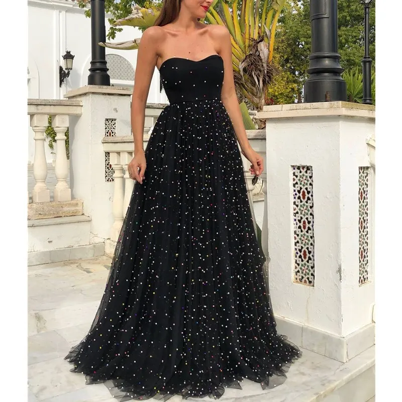 

2019 Elegant Mesh Long Party Dress Vintage Women Summer Sexy Strapless Maxi Dresses Black Beading Long Dresses