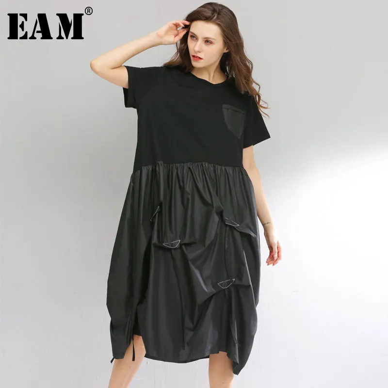 

[EAM] 2019 New Spring Summer Round Neck Short Sleeve Black Fold Drawstring Stitch Big Size Dress Women Fashion Tide JT307