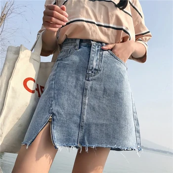 

RUGOD 2019 Newest Summer Fashion Zipper Split Asymmestic Skirt Women Casual Light Wash A-line Mini Skirt Saia High Waist Skirt