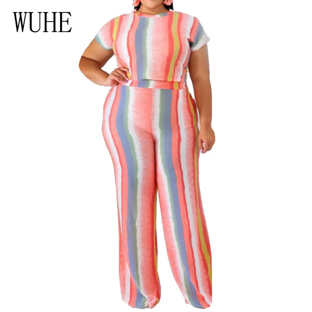 WUHE Two Pieces Sets Striped Playsuits Elegant O Neck Short Sleeve Top + Loose Pants Summer Women Casual Jumpsuits Plus Size 5XL WUHE Two Pieces Sets Striped Playsuits Elegant O Neck Short Sleeve Top + Loose Pants Summer Women Casual Jumpsuits Plus Size 5XL