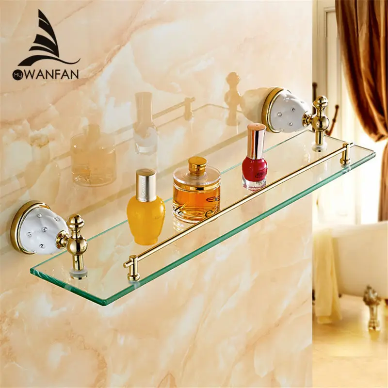 VidricShelves Tempered Glass Shower Shelf Single Bar Antique Brass