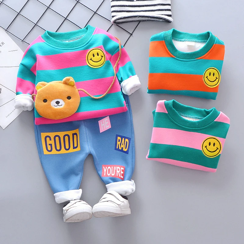 NEW 2019 Baby Girl Boy Clothing Sets Spring Autumn Infant Clothes Suits Plush Stripe Smiley Face Tops Pants Child Costume NEW 2019 Baby Girl Boy Clothing Sets Spring Autumn Infant Clothes Suits Plush Stripe Smiley Face Tops Pants Child Costume