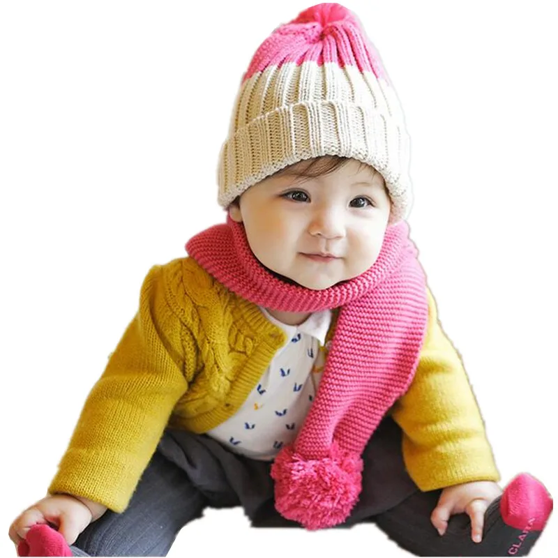 Новые Вязаные двухцветные Детские воротники+ шапка, комплект, зимние теплые детские шапки с шерстью, шапочки для мальчиков и девочек, шапочки, детский головной убор, шарф