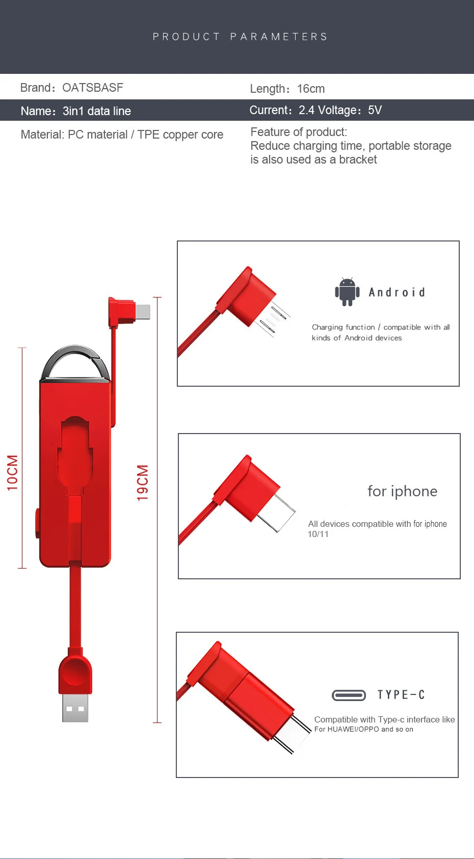 Oatsbasf 3 в 1 USB кабель для iPhone XS XR Oppo Find X кабель для мобильного телефона для One Plus 6 5T Xiaomi mi x 2 2S USB кабель type C