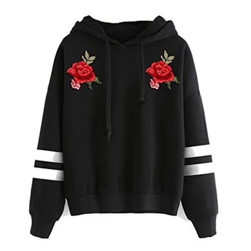 Women Hoodies Embroidery Sweatshirts Long Sleeved Thick Casual All match Solid Leisure Hooded