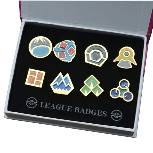 

8pcs Pokemon Pocket Monster Kanto Metal League Gym Badge Pin Pip Gen Cosplay Prop Collection Set Box Boy Toys