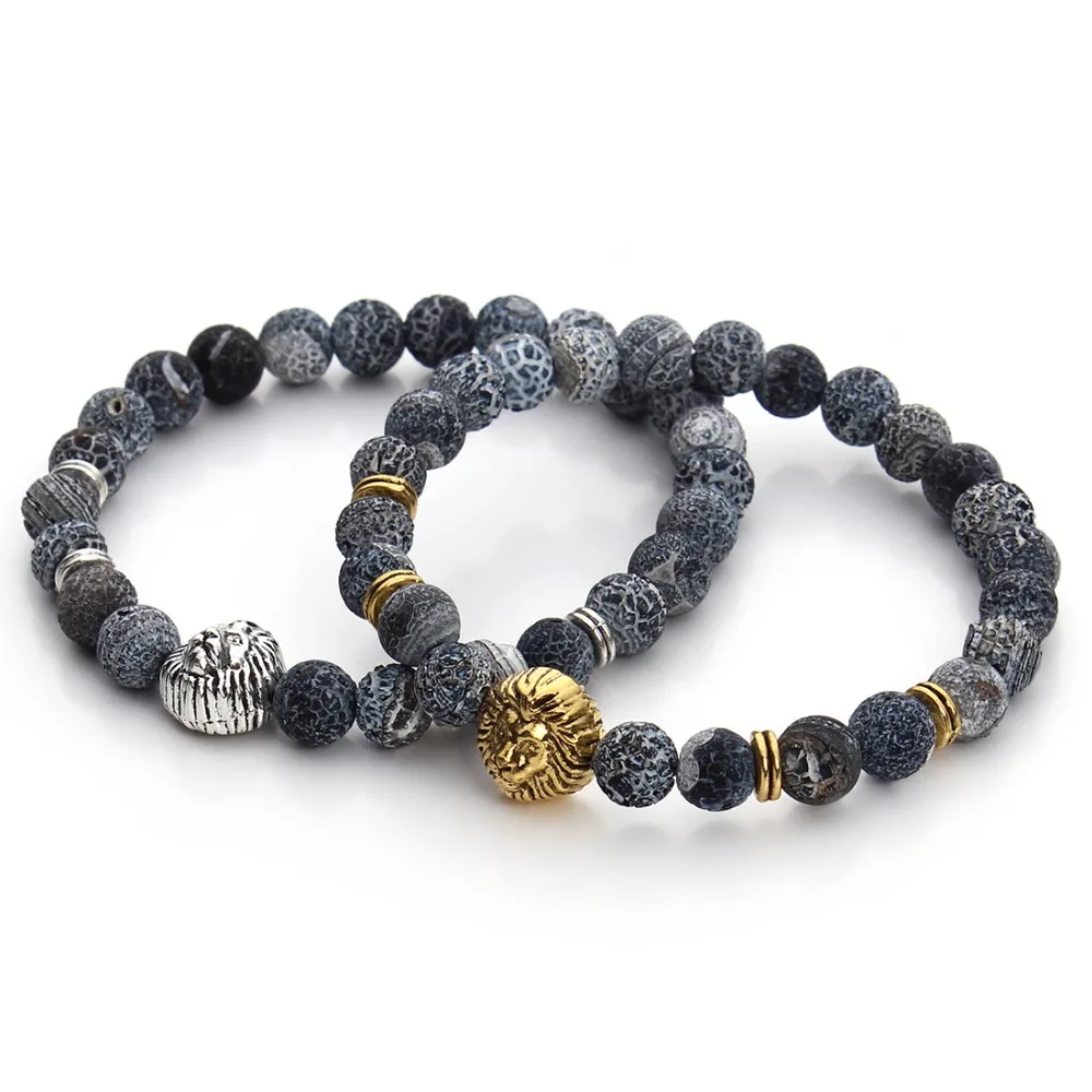 

DC Bracelets Natural Stone Onyx Beads Howlite Lava Elastic Bracelets Adjustable Antique Silver Lion Bangle Lucky Fashion Jewelry