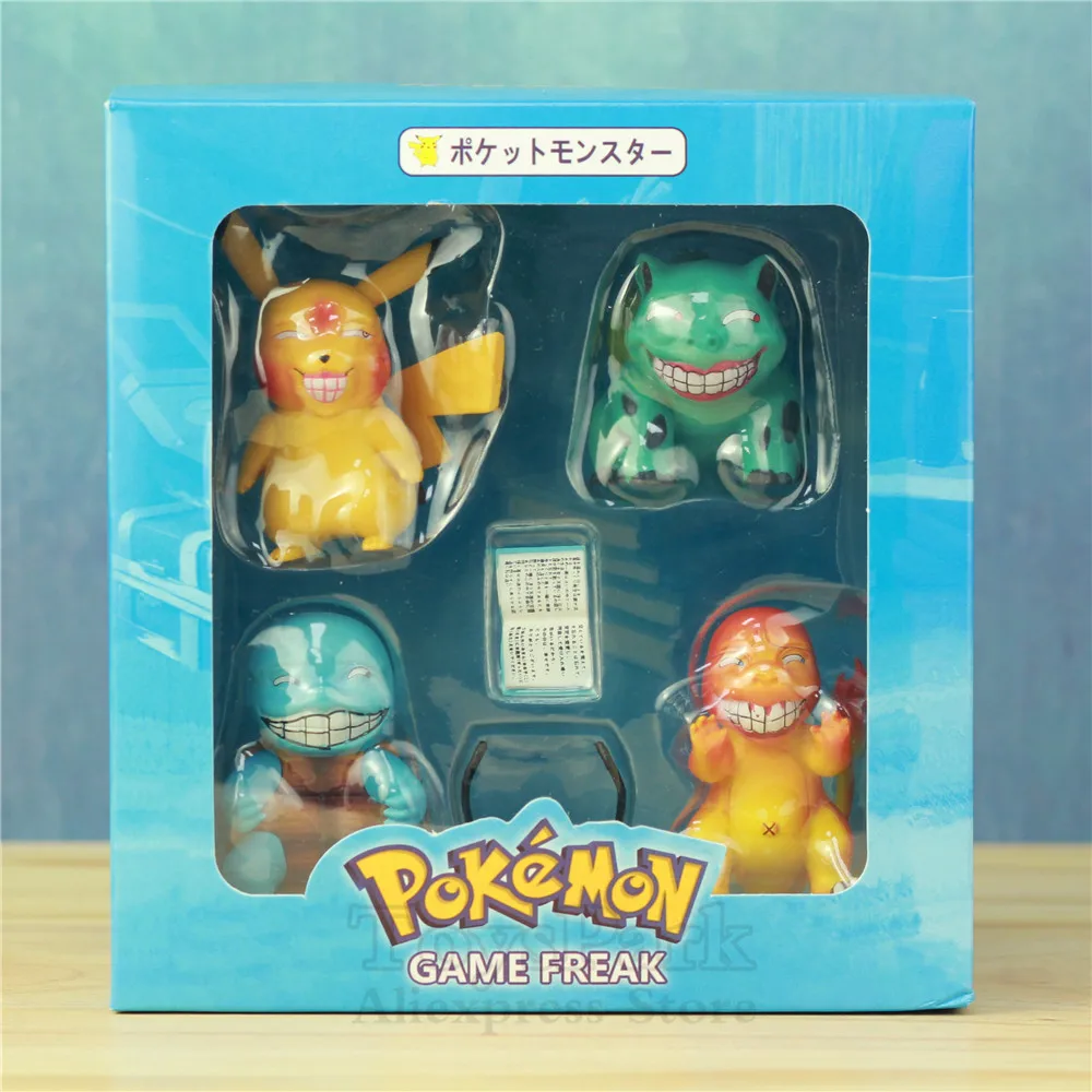 

SET of 4 Game Freak Pocket Monste Pikachu Charmander Bulbasaur Squirtle Figure Statue Smile Wretched Detective Anime Doll Toys