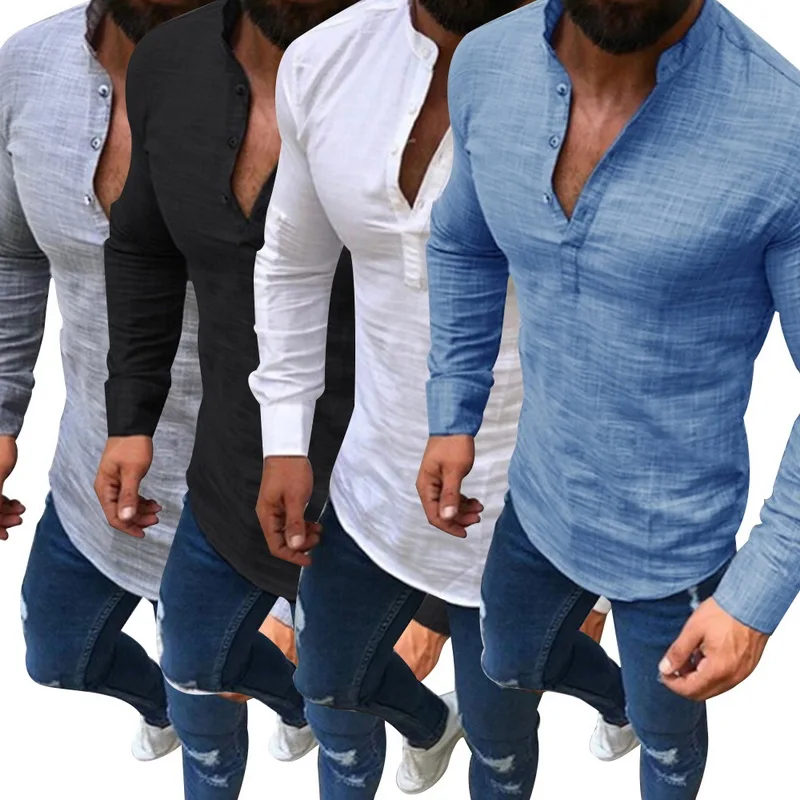 Men's Solid Color Shirt Long Sleeve Stand Collar Half-open Button Slim Casual Top Street Wear RS-349 | Мужская одежда
