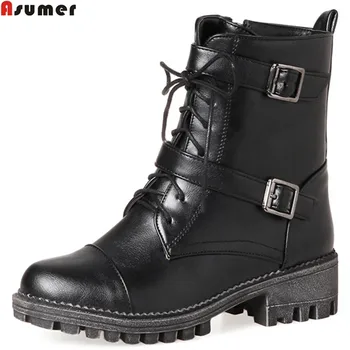

ASUMER fashion new arrive women boots zipper bucke lace up ladies boots black Khaki square heel round toe big size 33-44