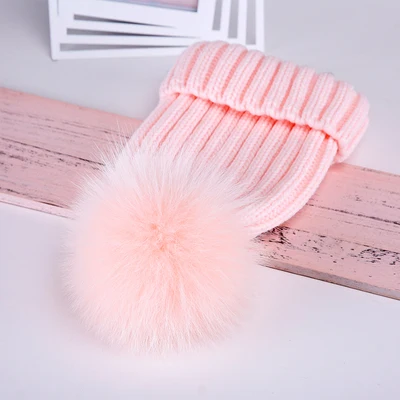 Real Fur Hat Knitted Real fox hair bulb Pom Pom Hat Women Winter Hat Unisex Kids Warm with wool Chunky Thick Stretchy Knit hat - Цвет: Pink hair bulb