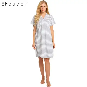 

Ekouaer Nightdress Women Pregnant Nursing Nightgown Robe Loose Casual Short Sleeve Striped Sleepwear Sleepshirt Nightwear Dress