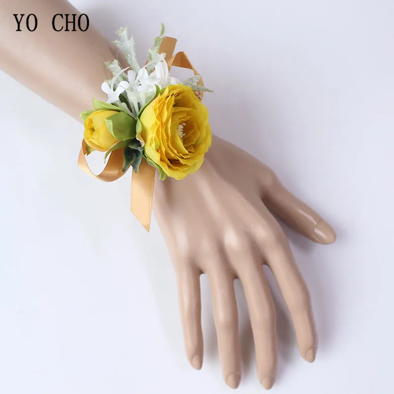 Boutonniere Flowers wedding wrist corsage flowers silk roses yellow  (19)