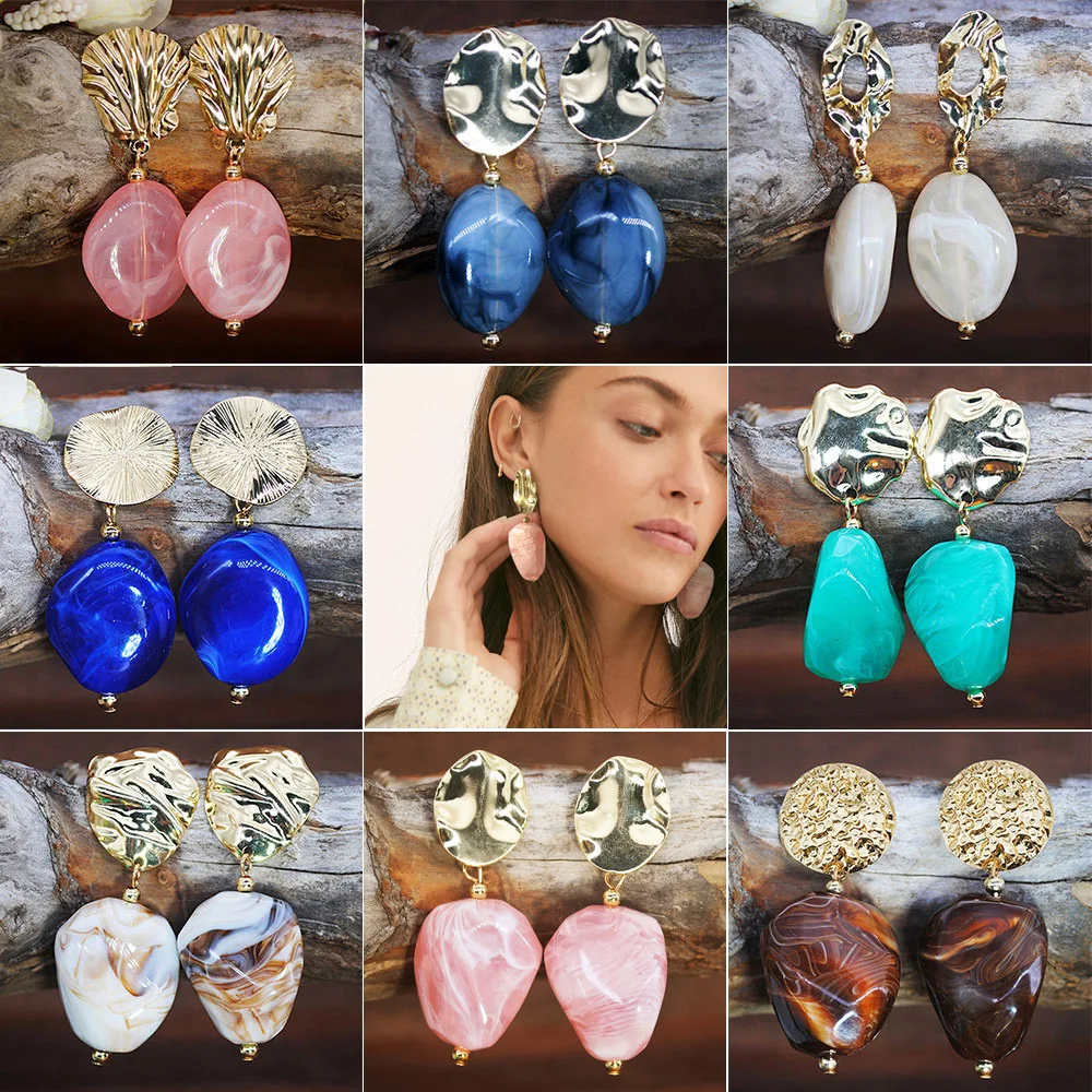 

2019 Resin Stone Blue Geometric Acrylic Irregular Hollow Circle Square Drop Earrings for Women Metal Bump Party Beach Jewelry