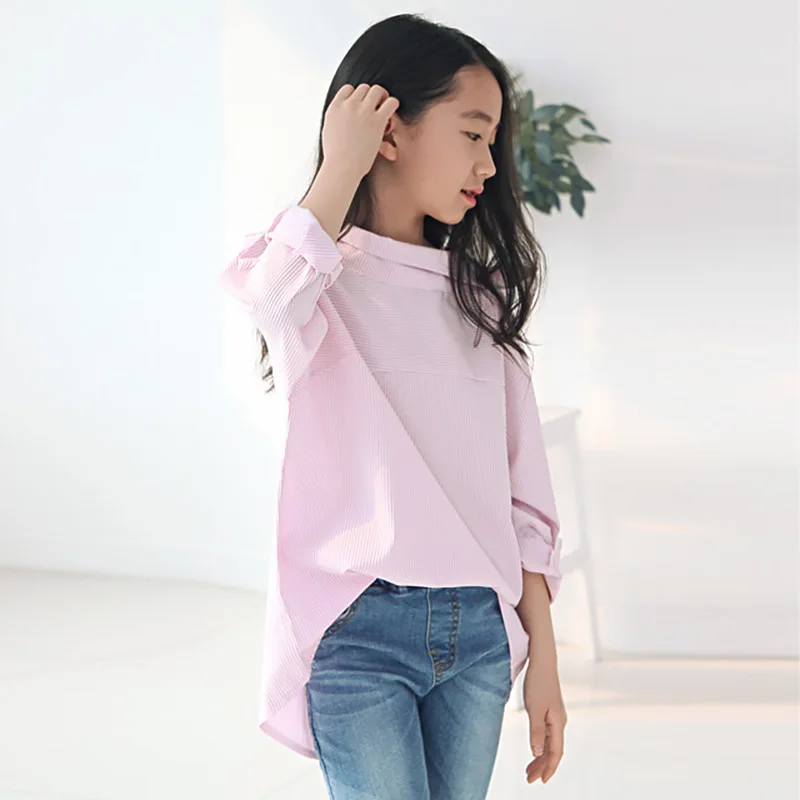 teenage little girl blouse for girls long sleeve shirts spring autumn 2017 blue striped blouse
