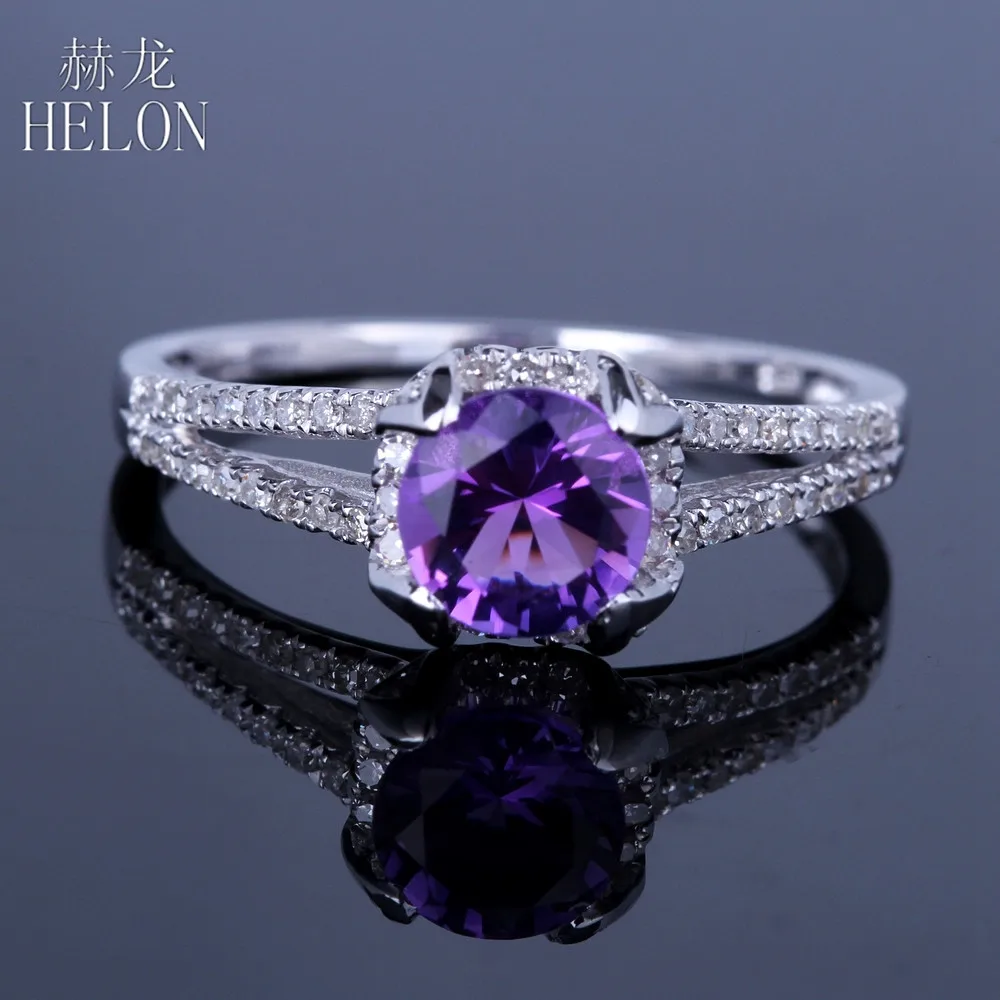 

HELON 925 Sterling Silver 100% Genuine 0.71ct Amethyst 6mm Round pave Natural Diamond Fine Ring Wedding Women Gemstone Jewelry