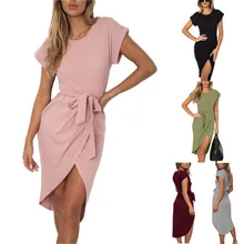 2019 new round neck tie with short sleeve hem irregular dress women dress sexy dress clothes short sleeve self tie dolman dress