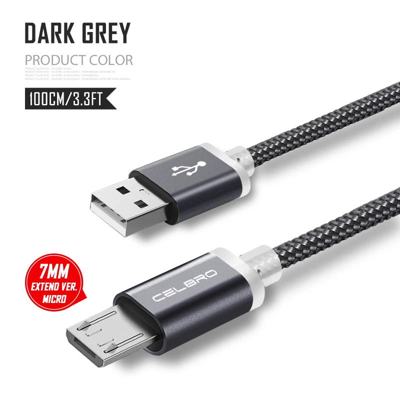Micro USB кабель для быстрой зарядки для xiaomi huawei samsung 7 мм Длинный разъем Micro USB 2,4 A кабель для зарядного устройства Шнур для мобильного телефона - Тип штекера: Dark Gray Cable