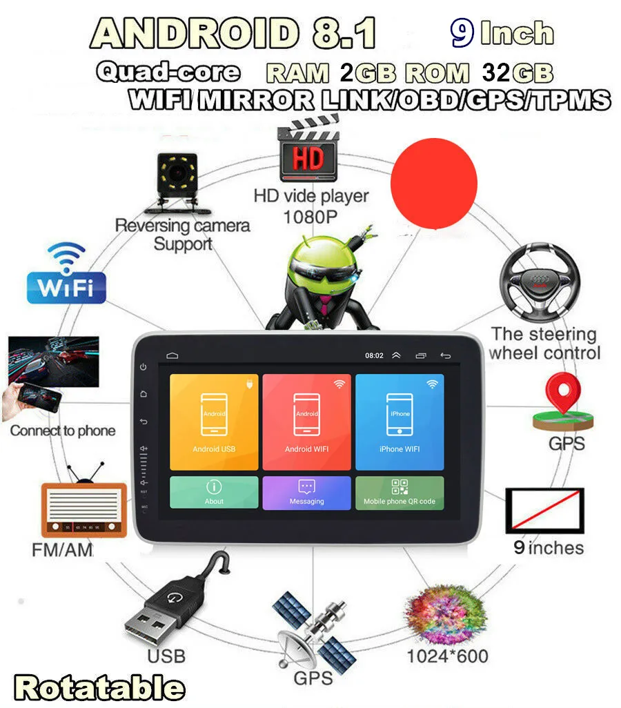 Best Universal 1DIN 9" Android 8.1 Rotatable Touch Screen Quad-core RAM 2GB ROM+32GB GPS Wifi Mirror Link 1