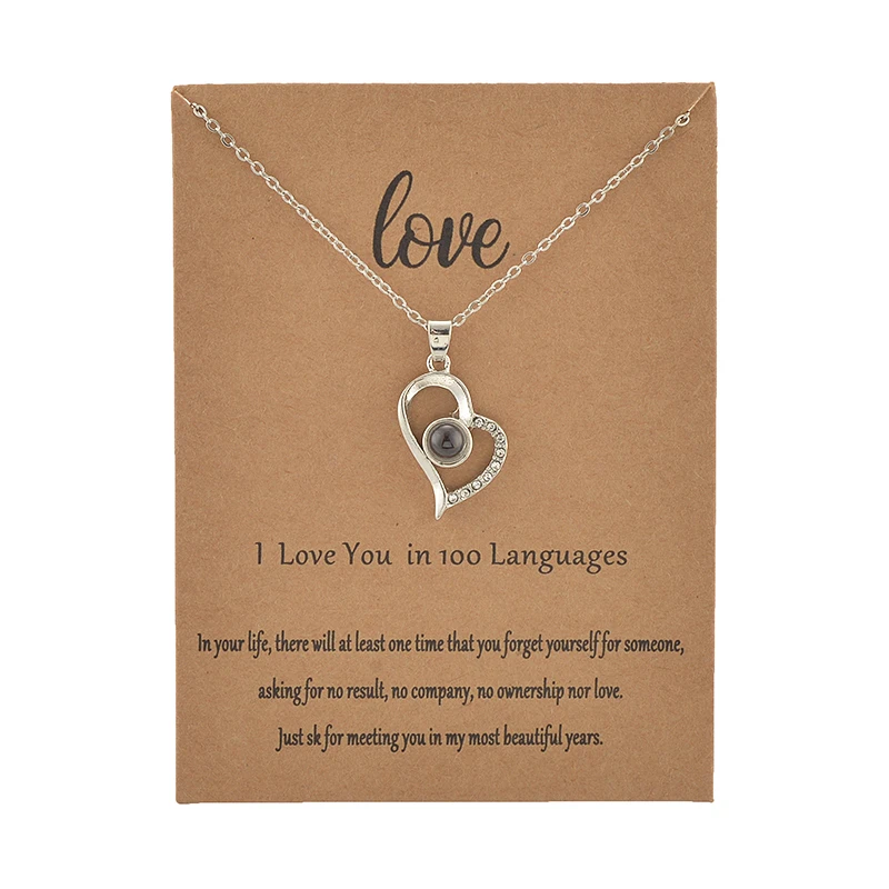 With Card Heart Shape 100 Language I love You Necklace For Women Wedding Letter Necklace Jewelry Drop Shipping - Окраска металла: HAVE Card Silver