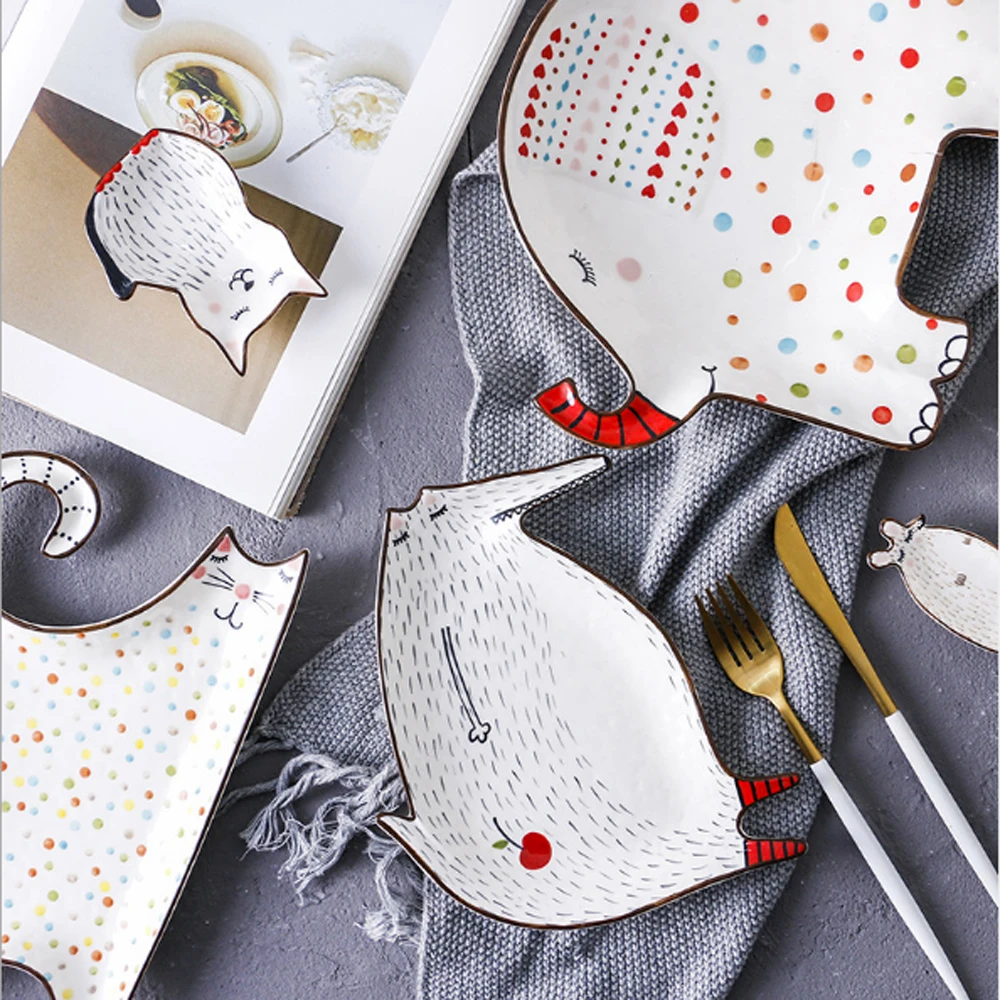 

Bignosedeer ceramic dinner plate Ceramic Animal tableware Lovely tableware fruit dessert plate creative Cartoon Hand Color cat