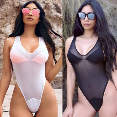 

Sexy Womens One Piece Swimsuit High Cut Brazilian Monokini Mesh Bathing Swimwear