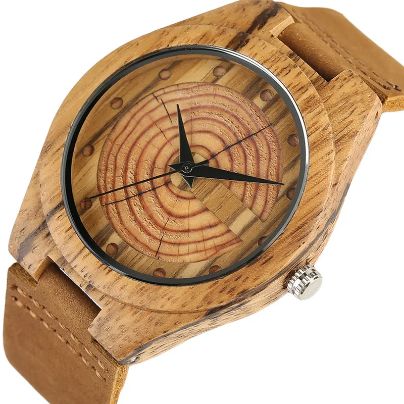 

Men's Wood Watch Handmade Annual Rings Block Points Black Hands Men Quartz Wrist Watches Brown Genuine Leather Starp Sports Hour
