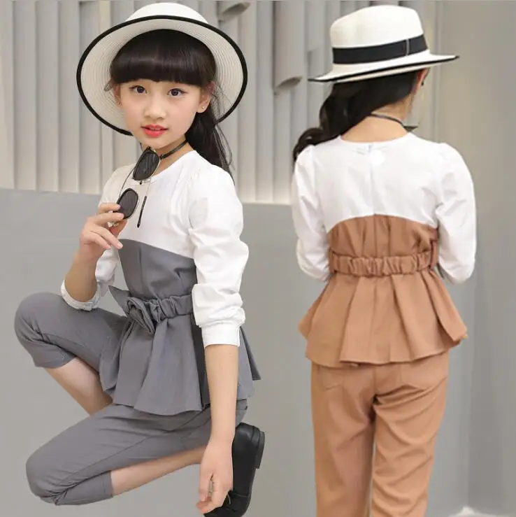 

2 pieces Children Teenage Girls clothing Set High waist shirts Pants Suit girl Chiffon Flare outfits For 6 8 10 12 14 Years