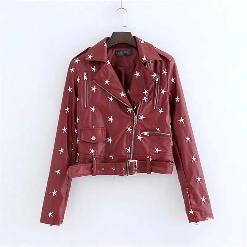 NXH Street Fashion PU Leather Jacket New Womens Star Embroidery Casual Motorcycle Jackets bright streetwear clothes women