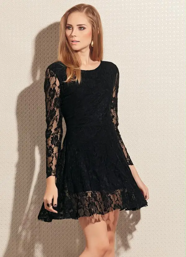 New 2016 Long Sleeve Cheap Lace Prom Dresses Short Black