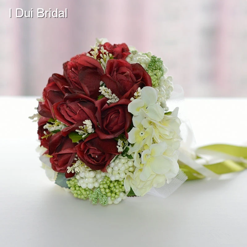 Burgundy Red Rose Ivory Flower Bridal Bouquet with Ribbon Wedding Throw