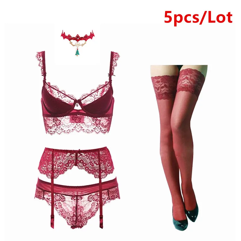 Women's sexy lace Christmas Lingerie set Bra and panties and garter and stockings and necklace 5 Pieces/Lots bralette sets Bra & Brief Sets