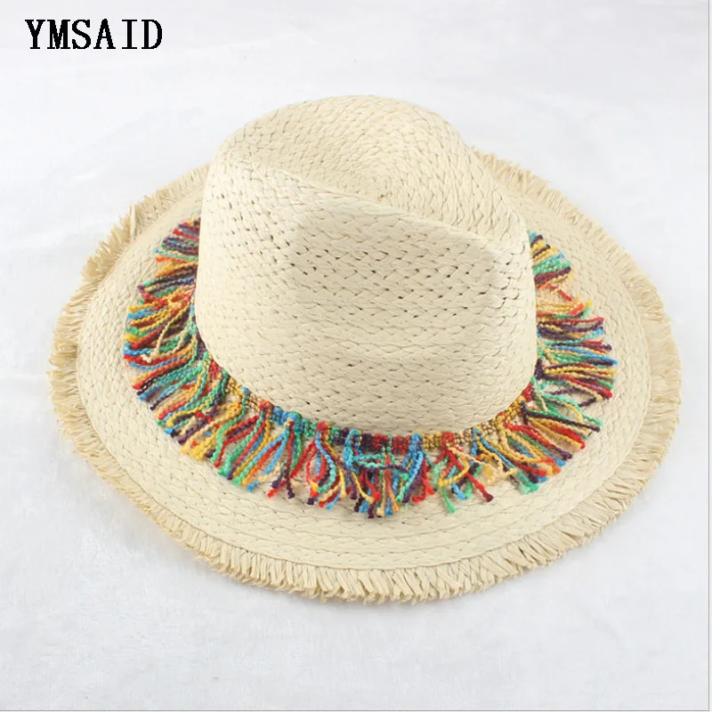 Панама Sombrero Raffia, солнцезащитные шляпы для женщин, шапка с бахромой, ручная работа, в полоску, с кисточками, с помпонами, Рафаэль, соломенная шляпа, пляжная шляпа для женщин