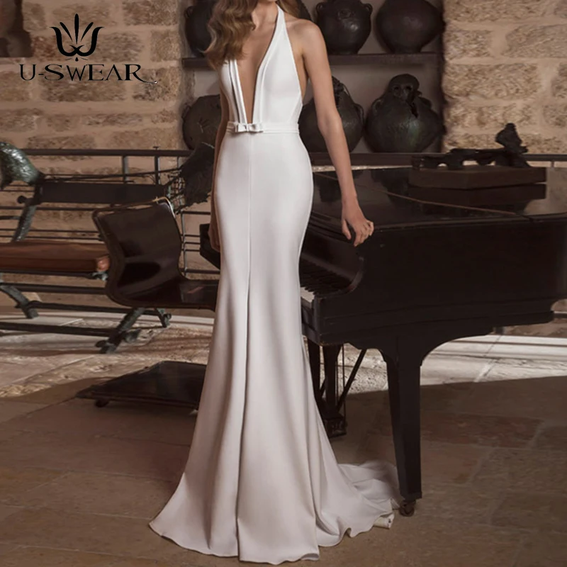 

U-SWEAR Evening Dress 2019 Sexy Halter Deep V-Neck Sleeveless Evening Party Prom Formal Gowns Long Dress Vestidos Robe De Soiree