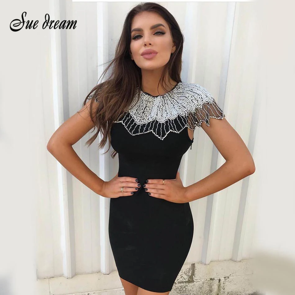

2018 Fashion New Women Beads Embellished Mini Runway Bandage Dress Sexy Celebrity Evening Party White Dresses Vestidos Wholesale