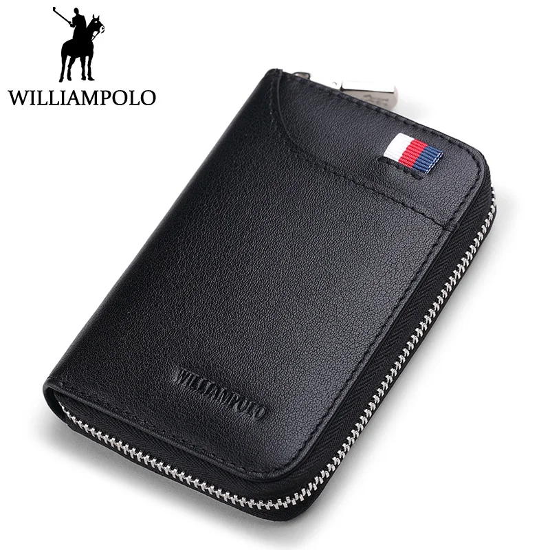 

WILLIAMPOLO Mini Leather Card Holder Men Zipper Credit Card Case Holder For Man Small Cowskin ID Card Pocket High Quality Brand