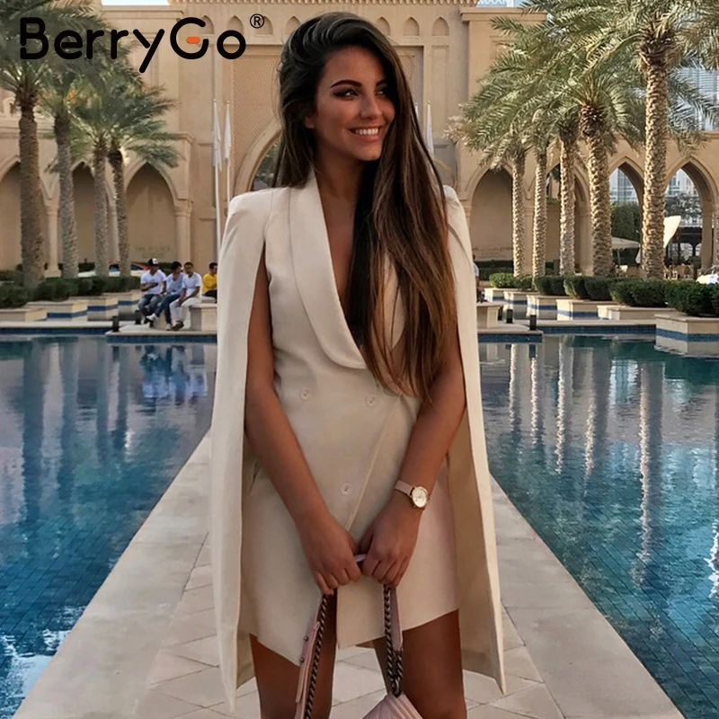 

BerryGo Elegant Office ladies cloak blazer dresses Sexy v neck shawl sleeveless women dress Casual Party club female short dress
