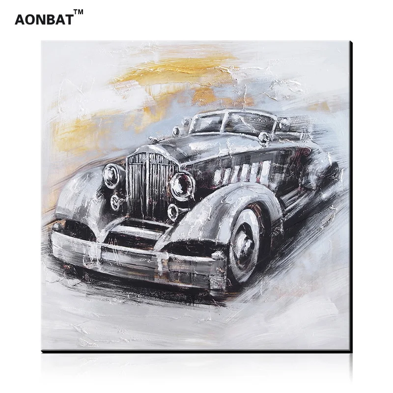 AONBAT ART 100 Hand painted Oil Painting of Vintage Car on Canvas Wall