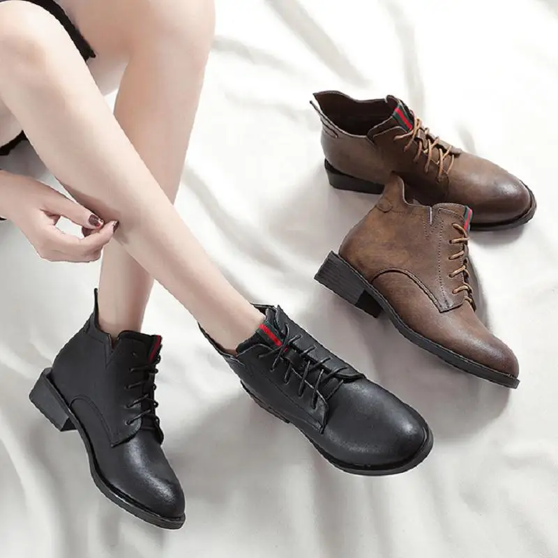 

MYCORON Woman Comfortable Ankle Boots 2018 Lace-Up Ladies Med Heel Shoes Top Quality Woman Vintage Women Boots Calzado Mujer