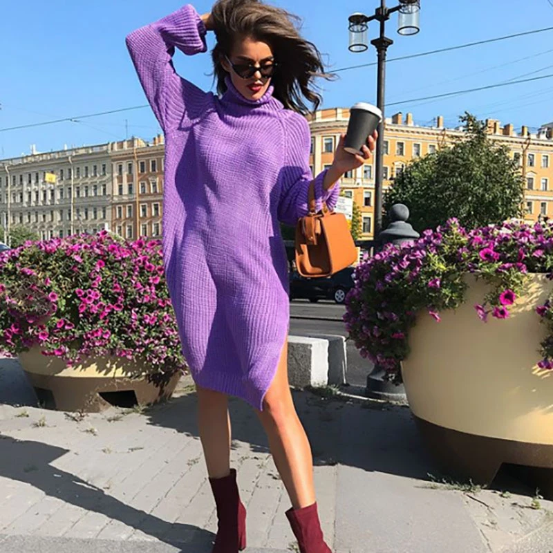Women Purple Knitted Sweater Autumn Winter New 2019 Fashion Hem Split Loose Casual Pullover Turtleneck Long Sweater 154