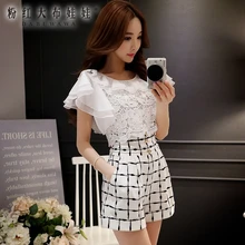 dabuwawa summer overalls 2016 buttons slim waist high waist fashion ruffle plaid shorts lace jumpsuits women