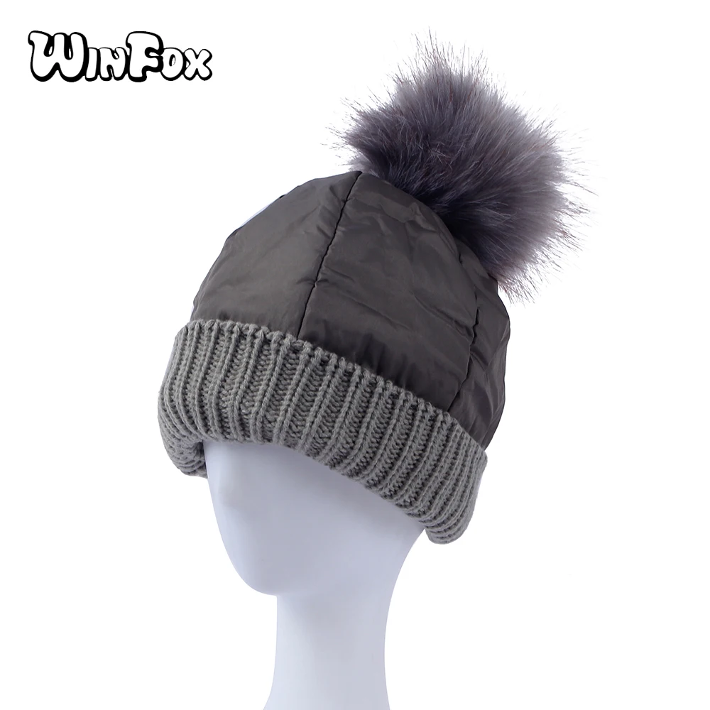

Winfox Black White Winter Women Canvas Pompom Hat Female Warm Cap Knitted Beanie Girl Ball Pom Pom Hats Woman Bonnet Femme