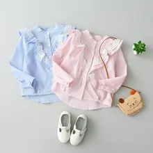 Коллекция года, новые весенние рубашки с длинными рукавами для девочек Детская полосатая кружевная блузка Детские рубашки одежда для малышей от 3 до 8 лет