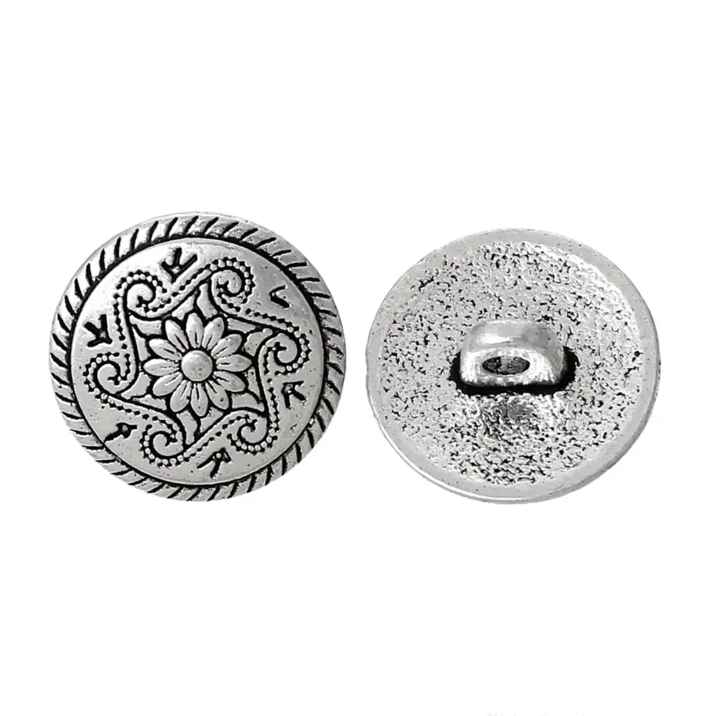 

DoreenBeads Metal Shank Button Round Antique Silver Single Hole Flower Pattern 15mm Dia,100 PCs 2017 new